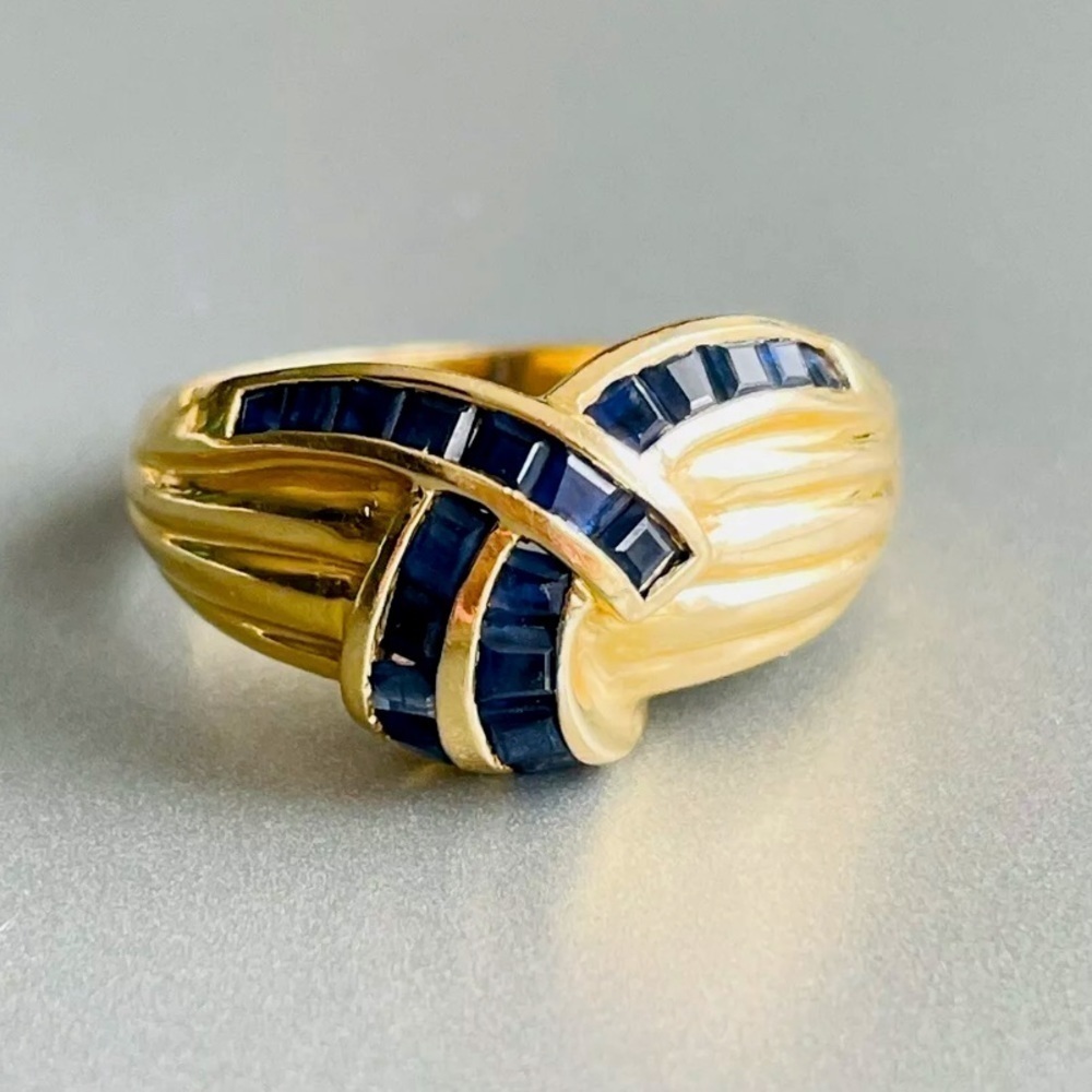 Vintage 14k Gold Genuine Sapphire Criss Cross Ribbon Dome Ring SIZE 9 - Picture 1 of 15